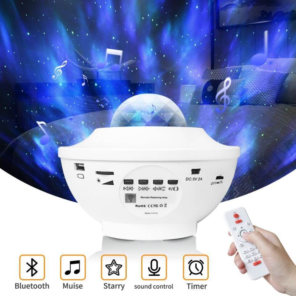 Overview: 1. The full-color music starry sky projector lamp brings the indoor galaxy and the stunning aurora starry sky performance. 2. The latest stellar projector can instantly project drifting stars onto the blue nebula, with 10 colors of 360° rotating