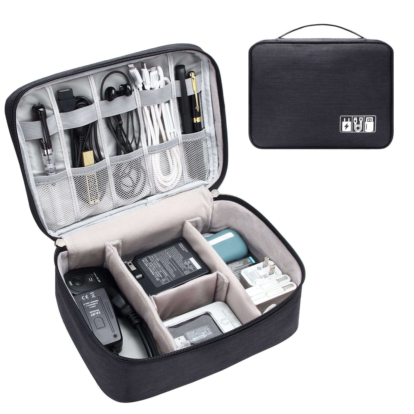 【DIY COMPARTMENT】- - There are three removable padded dividers with velcro in the bottom of the cable case, you can DIY them to separate the one bottom space into several compartments, fitting accessories of different sizes, and keeping all your electroni