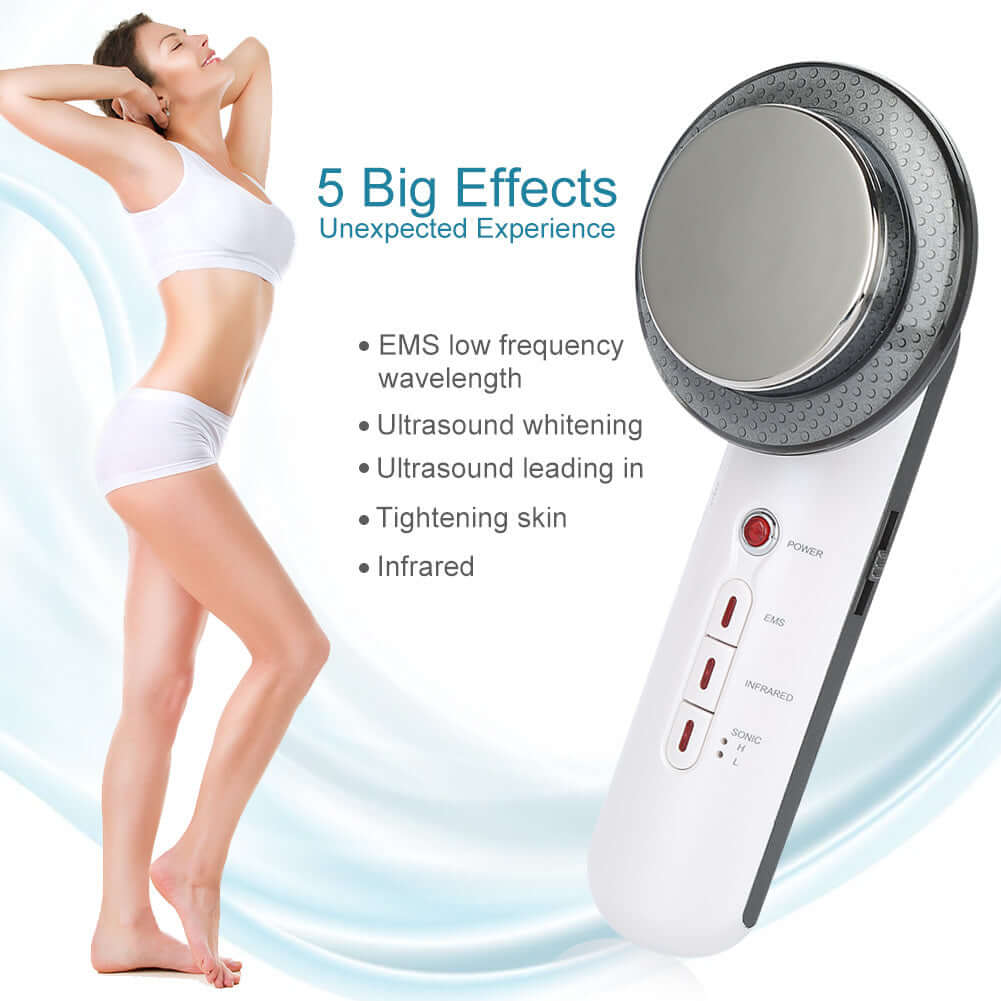 Overview: EMS + Infrared + Ultrasonic The ultrasonic wave massage can burst the fat and tighten your skin with no rebounce. The infrared ray can restore the elasticity and active the cells more thoroughly. 5 Modes of EMS (Tapping, Massage, Knead, Scrappin