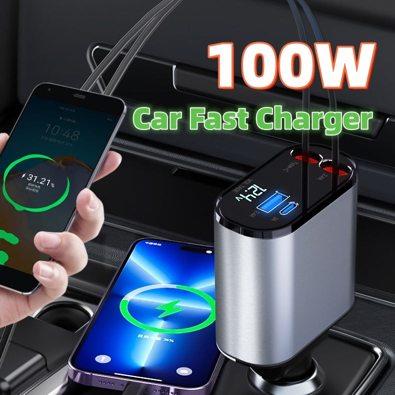 "Efficient Car Charger with Adjustable Head and Retractable Cable"