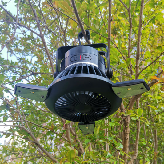Solar LED Tent Fan | Rechargeable Outdoor Fan with Light & USB Charger