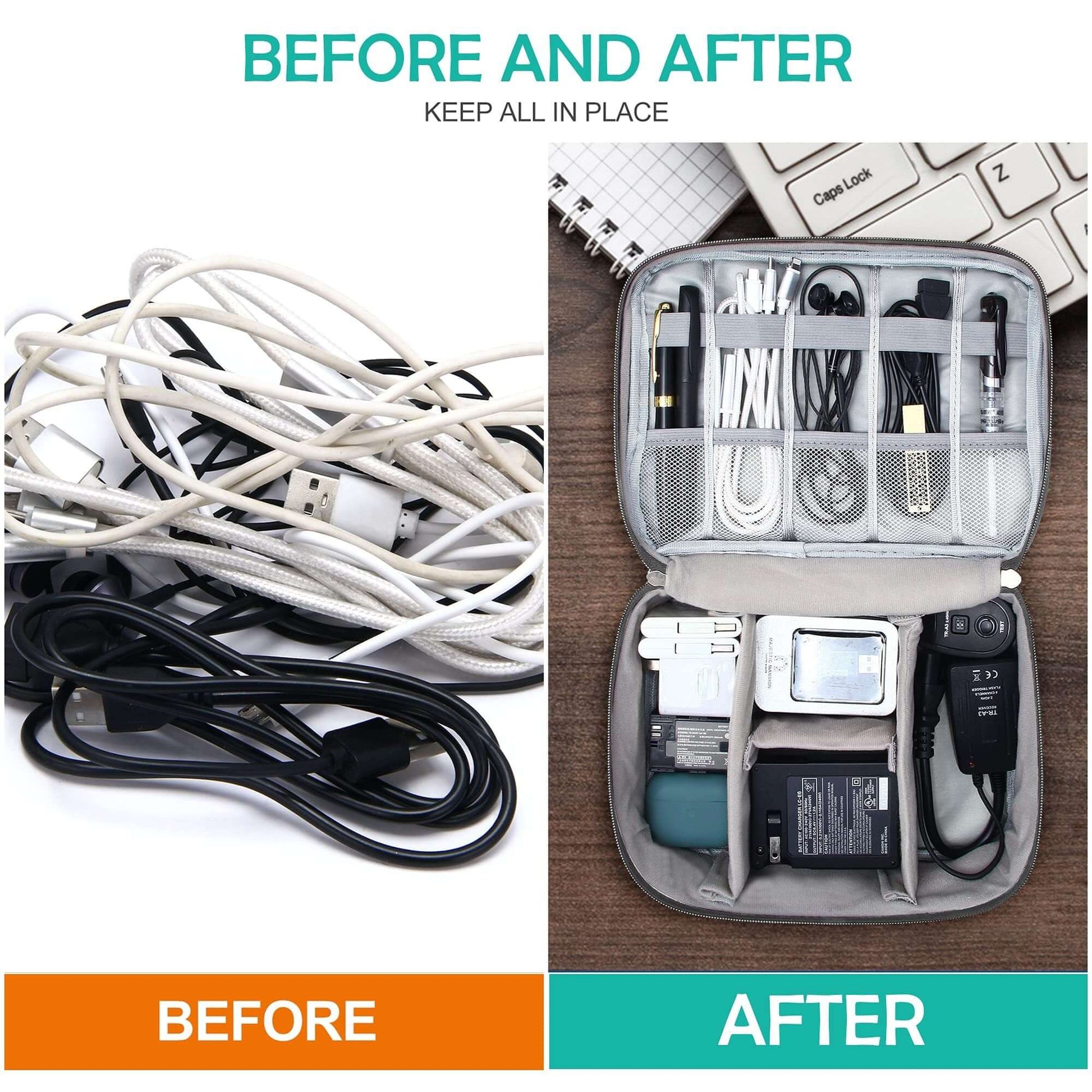 【DIY COMPARTMENT】- - There are three removable padded dividers with velcro in the bottom of the cable case, you can DIY them to separate the one bottom space into several compartments, fitting accessories of different sizes, and keeping all your electroni