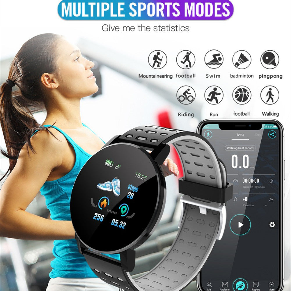 Specification: Product model: 119 Plus smart watch Belt size: 258x34.7x11.3mm Strap material: TPU Display: 1.3 inch LED Motor: integrated vibration reminder Heart rate: can monitor static and dynamic Battery capacity: 180mAh Charging time: about 1-2 hours