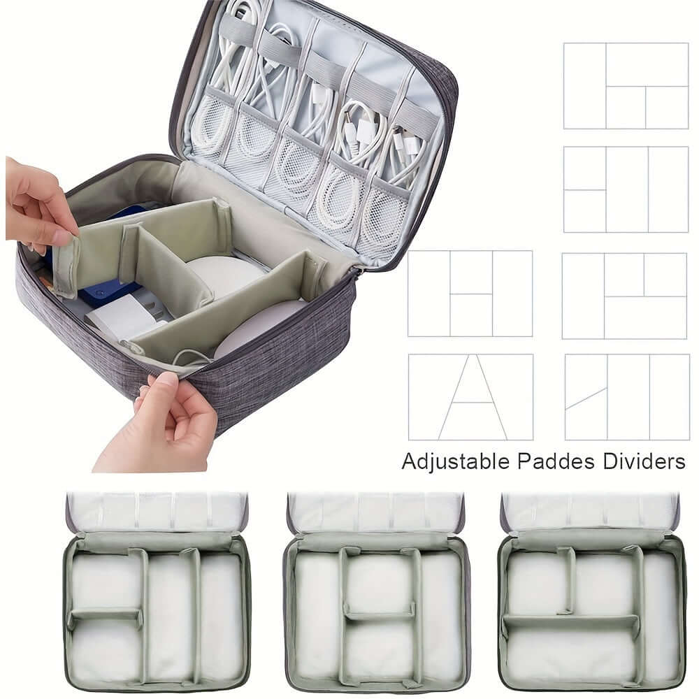 【DIY COMPARTMENT】- - There are three removable padded dividers with velcro in the bottom of the cable case, you can DIY them to separate the one bottom space into several compartments, fitting accessories of different sizes, and keeping all your electroni