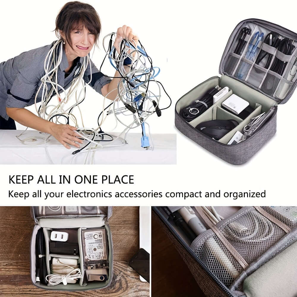 【DIY COMPARTMENT】- - There are three removable padded dividers with velcro in the bottom of the cable case, you can DIY them to separate the one bottom space into several compartments, fitting accessories of different sizes, and keeping all your electroni